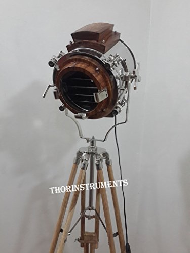 Collectible Marine Unique Chrome & Wood Spot Light Tripod Stand Rustic Vintage Home Decor Gifts
