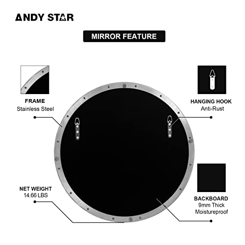Andy Star Nickel Round Mirror, 26’’ Brushed Sliver Circle Bathroom Mirrors In Stainless Steel Metal Frame 1" Deep Set Design2 #TOP6