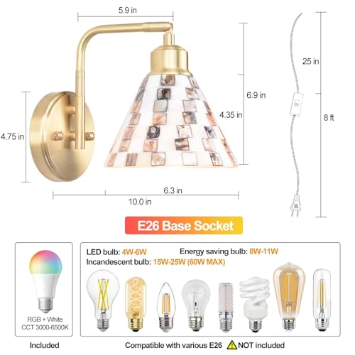 Image of Natural Seashell Mosaic Lampshade Modern Brass Wall Sconce with Remote Control LED Bulb, Plug-in Bedside Wall Light, Adjustable Brightness Temperature for Living Room, Bedroom, Hallway, Foyer
