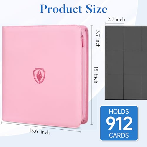 Image of Premium Zip Card Binder 12 Pocket, Fabmaker 912 Pockets Trading Card Binder, PU Zipper Card Collection Album, Sturdy Side-Loading Card Book Holder for Game & Sports Cards, Pink