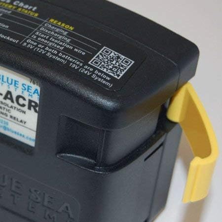 Close-up of Blue Sea 7610 SI-ACR label showing LED indicator and flash codes.
