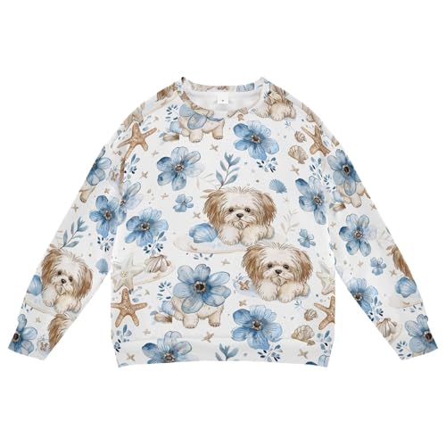 JUNZAN Cute Dogs Blue Flowers Seastars Big Boys Hooded Sweatshirt Long Sleeve Sweatshirt With Hoodie Sports 4T