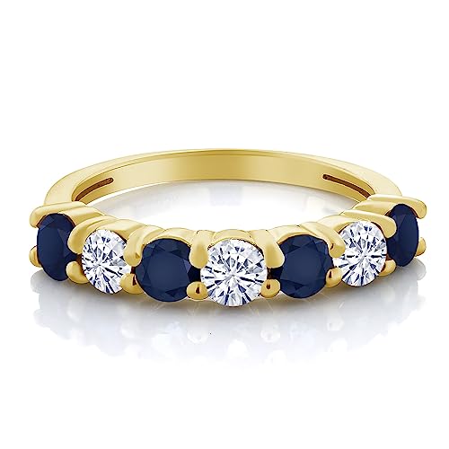 Gem Stone King 18K Yellow Gold Plated Silver Gemstone Birthstone and Blue Sapphire Wedding Band Engagement Anniversary Ring | Round 3.5MM | 7 Stone Promise Ring For Women2