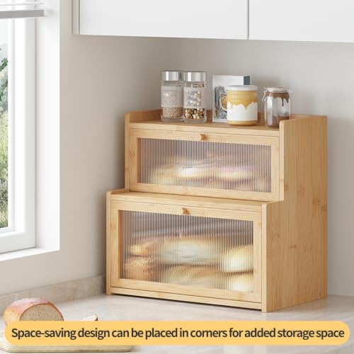 Furshus Double Layer Bamboo Bread Box for Kitchen Counter,Bread Holder,Countertop Bread Storage with Window (Natural) - Image 6