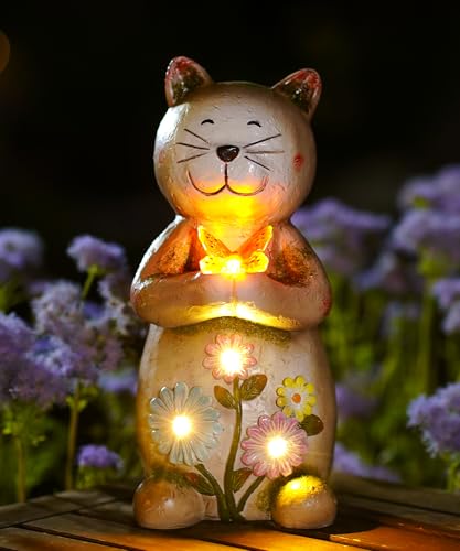 Estatua solar de gato sosteniendo una mariposa, adornos de jardín, regalos de cumpleaños para mujeres, regalos para mamá, abuela, adorno de decoración de gato al aire libre para balcón, jardín, patio,