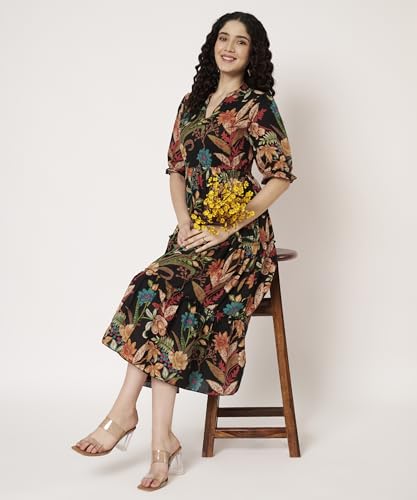 Image of PIDAVLIYA'S Women's Cotton Floral Printed Midi Dress | V-Neck Fit & Flare Dress with Puff Sleeves | Casual Summer Wear