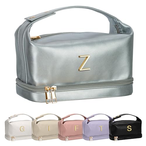 Vogewood Gifts for Graduates, Personalized Makeup Bag with Handle, Initial Double Layer Cosmetic Bag with Makeup Brush Organizer, PU Leather Travel Toiletry Bag, Gifts for Friends Female Mom