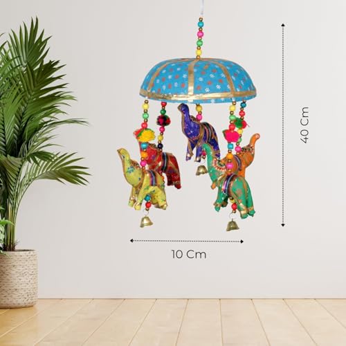 Image of Rajasthani Multicolor Elephants Jhoomer with Bell - Decorative Wind Chimes for Door & Wall Hanging, Ideal Home Decor & Gift Showpiece (Sky Blue)