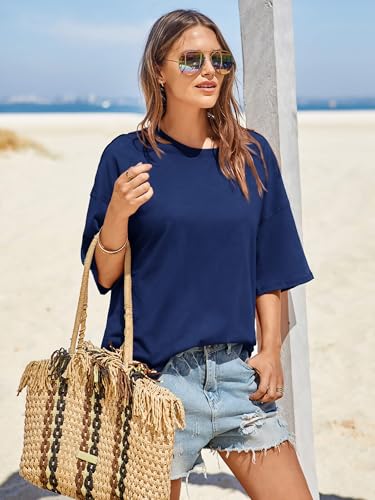 Image of Tankaneo Womens Oversized Tshirts Summer Casual Short Sleeve Crew Neck T Shirt Loose Fit Side Slit Tee Tops