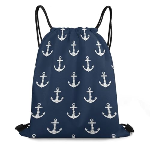 Swimming Shoulder Backpack, Swimsuits and Shoes Storage Bag, Compatible with Nautical Anchor Navy Large Drawstring Gymsack, Soft and Waterproof Cinch Sackpack for Men and Women
