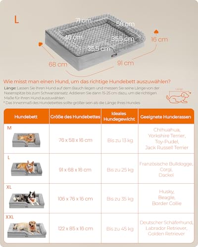 Feandrea Orthopädisches Hundebett für mittelgroße Hunde, wasserdichtes Hundesofa mit abnehmbarem Plüsch-Bezug, 91 x 68 x 16 cm, Taubengrau PGW252G01