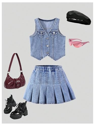 Image of MakeMeChic Girl's Two Piece Summer Cute Cowgirl Outfits Denim Jeans Button Down Vest and Pleated Mini Skirt Set