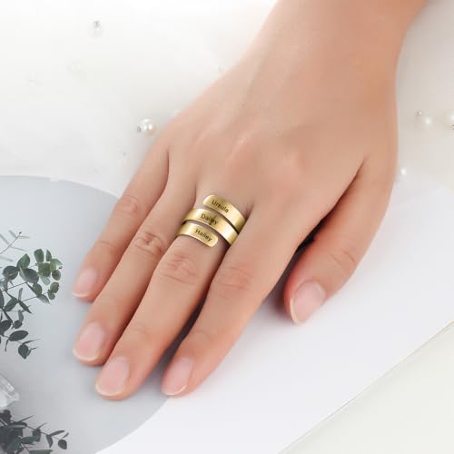Gold Rings for Women Custom - Non Tarnish Adjustable Stainless Steel Womens Rings Engraved 2-3 Names Promise Engagement Rings for Her Gf4