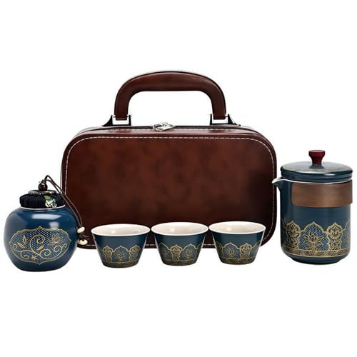 Service à thé de voyage en céramique - Service à thé chinois portable avec théière, 3 tasses, boîte à thé et étui en cuir - Idéal pour matcha, thé en vrac, bureau, voyage, voiture - Cadeau pour les