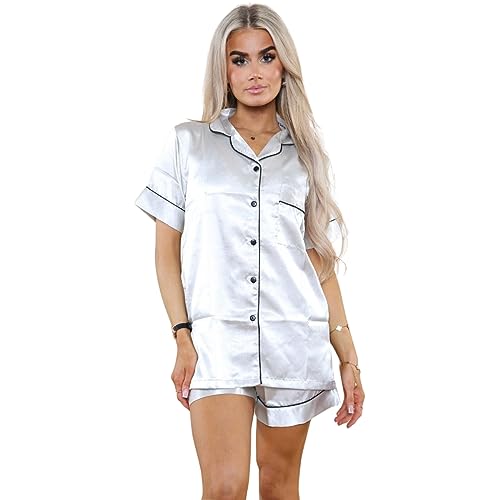 Image of Ladies Short Pyjamas Soft Satin Pjs Set Two Piece Set Silk Short Pyjamas for Nightwear Women’s Short Sleeve Button Down Shirt and Short Set Sleepwear Loungewear Co ord Set (Grey, UK M/L)