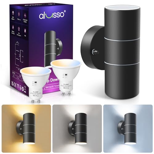 ALUSSO Stainless Steel Up Down Light IP65 Waterproof, Outdoor Wall Light Mains Powered, 2x8W GU10 LED Bulb Included, Warm White/Neutral White/Cool White Selectable,Outside Security Light for Porch
