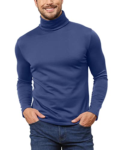 Image of Hoefirm Men's Polar Neck Pullover Basic Warm Tops Turtleneck Knit Jumper Slim Fit Sweater Funnel Cotton Wool Navy S