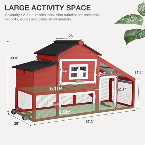 Chicken Coop Expandable Chicken House for Outdoor with Wheels Nesting Box, Leakproof Pull-on Tray, and UV-Resistant Roof Panel - Red