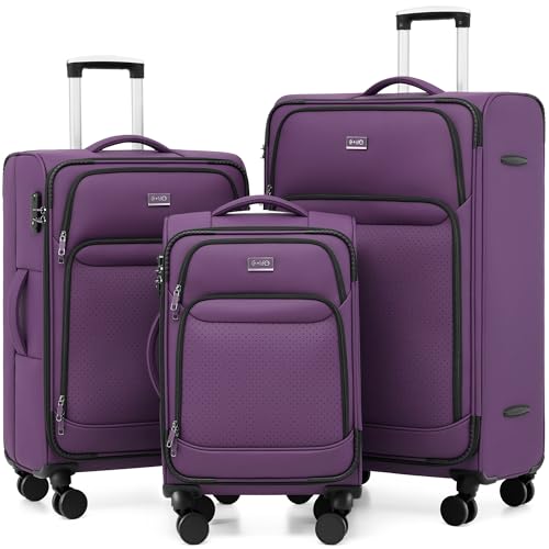 Coolife Luggage Sets 3 Piece Upgraded Softside Lightweight Spinner Luggage Set Durable 1800D Suitcases with Dual Spinner Wheels & TSA Lock 20/24/28 (Purple 3-Piece Set (20/24/28))