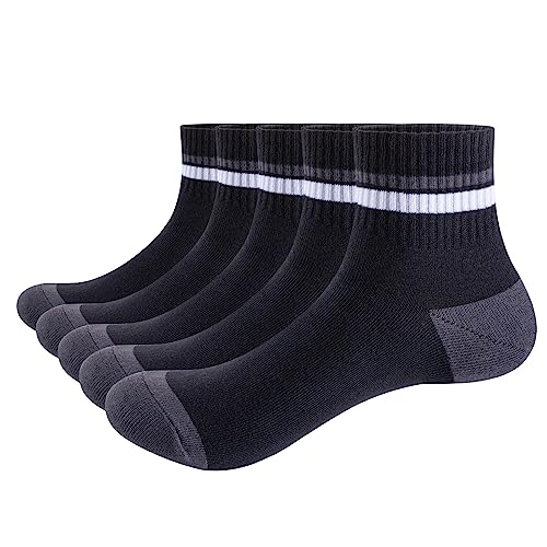 YUEDGE Mens Black Ankle Socks Striped Breathable Cotton Mid Crew Socks Quarter Socks for Men Size 6-10, Multipack, 5 Pairs