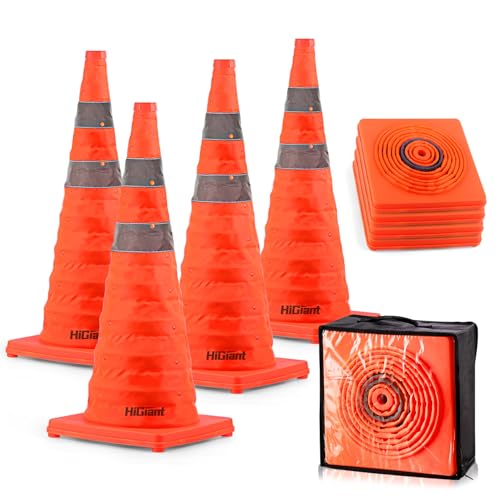 HiGiant [4 Pack] Collapsible Traffic Safety Cones 28'' inch, Orange Pop-up Cones with Reflective Collar, Caution Cones for Road Driving Practice and Parking lot
