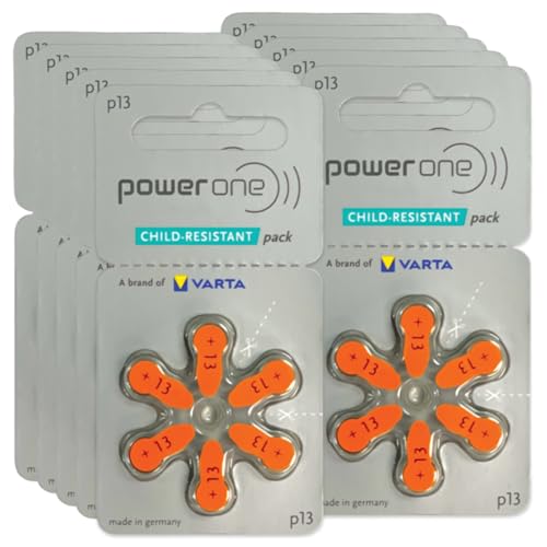 Power One Hearing aid Batteries Size 13 - p13 Battery for Hearing aid, Long-Lasting. Mercury-Free 1.45v zinc-air Hearing aid Batteries (60 Batteries)