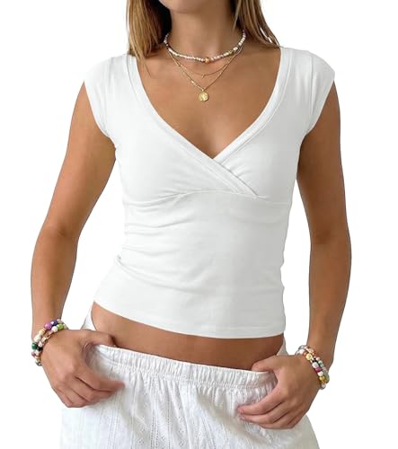 KIGRAD Women Y2k Minimalist Cap Sleeve V Neck Crop Tank Tops Preppy Aesthetic Slim Fit Wrap Tshirt Summer Girls Going Out