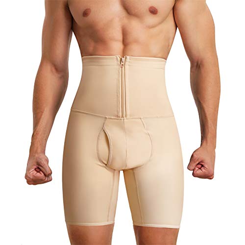 TAILONG Men's Underwear Boxer Brief Tummy Control Shorts High Waist Slimming Body Shaper Belly Girdle (Beige, Small)