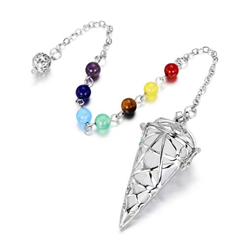 PESOENTH 7 Chakra Reiki Healing Stone Dowsing Pointed Pendulum Clear Crystal Quartz Hexagonal Gemstone Jewelry Silver Locket Pendant Pendulum for Divination Scrying Wicca