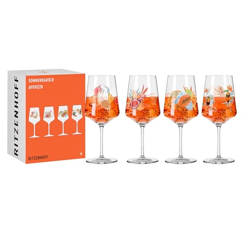 RITZENHOFF 6051004 Aperitifglas 500 ml - 4er Set - Serie Sommerrausch - Motiv Tropen-Pflanzen - Made in Germany, Orange