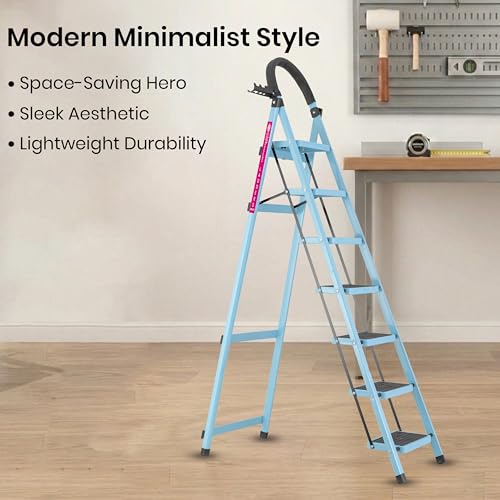 Image of Casa Copenhagen Teal Blue 7 Step Ladder for Home Use with Built-in Tool Tray | Heavy Duty D Shape Rods | Ultra Large Platform | Wide Rubber Feet | 150Kg Capacity Foldable Ladder - 7 Years Warranty