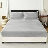 HCORA Queen Size Fleece Fitted Sheet - Ultra Soft Faux Fur with 16' Deep Pocket - Plush Velvet Bottom, No Shedding, Light Grey