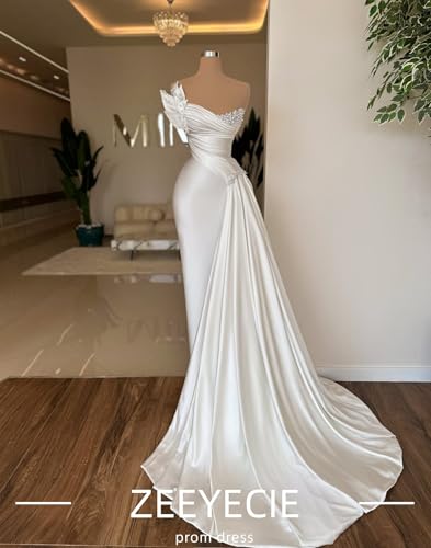 Zeeyecie Strapless Beaded Prom Dresses for Women 2025 Satin Mermaid Ruched Long Evening Formal Ball Gowns with Train4