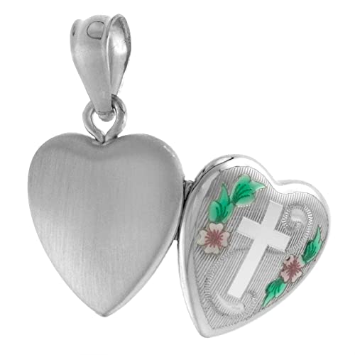Very Tiny 1/2 Inch Sterling Silver Cross Locket Heart Shape Green & Pink Enamel No Chain #TOP3