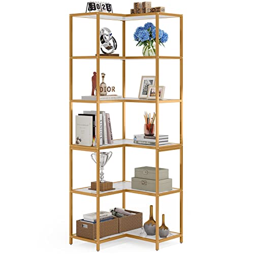 Tribesigns 6-Shelf Corner Bookshelf, 70.9" Tall L-Shaped Corner Bookcase Large Etagere Book Shelving Unit Corner Shelves Stand Storage Display Rack With Metal Frame For Living Room Office, White Gold #TOP6
