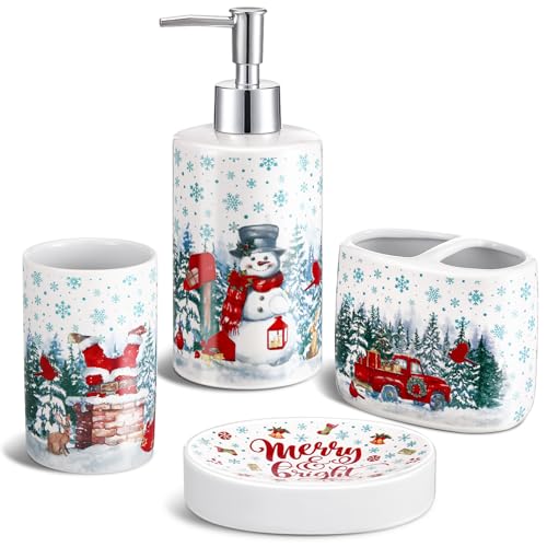 Ninehaoou 4 Pcs Christmas Ceramic Bathroom Accessories Gifts Xmas Bath
