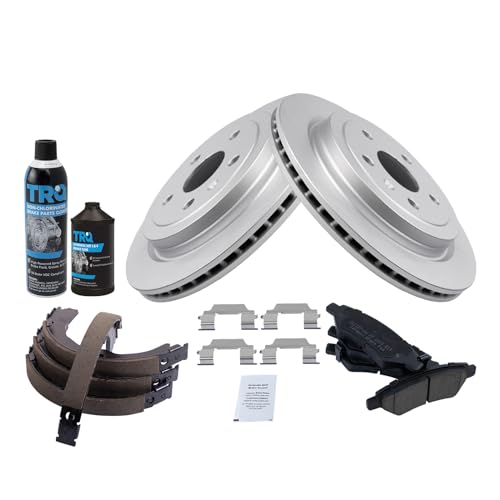 Image of TRQ Rear Brake Pad & Rotor Kit, with Chemical Kit Parking Brake Shoe Set Ceramic Premium G-Coated Compatible with 2008-2014 Cadillac CTS