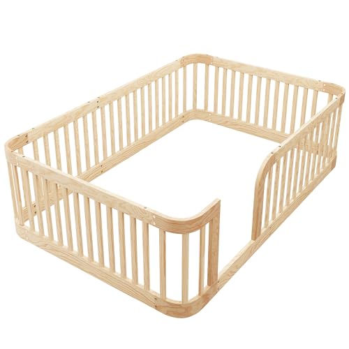 Image of Bellemave Full Size Floor Bed Frame with High Fence,Natural | Solid Wood Kids Montessori Bed for Girls Boys,Rounded Corner Design,Low Floor