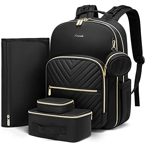 Image of LOVEVOOK Diaper Bag Backpack with 2 Cubes, Quilted Baby Bag with Changing Pad & Pacifier Holder, Waterproof Travel Diaper Bags for Baby Boys Girls, Stylish and Large Capacity,5PCS Set, Black