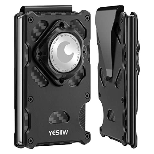 YESIIW Wallet for Men with AirTag Holder - RFID Blocking | Aluminum Air Tag Card Holder with Money Clip | Slim Credit Card Holder Wallet with Airtag Slot and Cash Clip Black