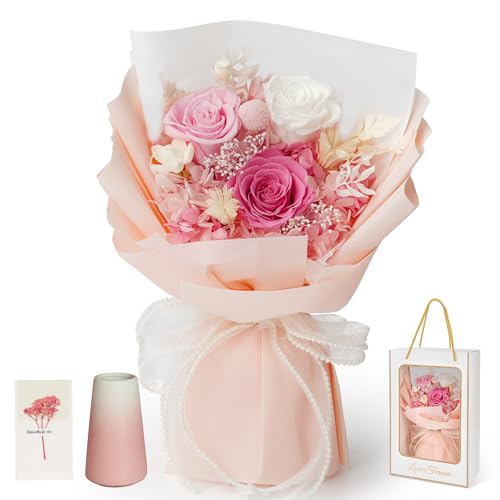 Childom Valentines Day Rose Gifts for Her,Birthday Gifts for Women,Preserved Flowers for Delivery,Pink Real Roses Bouquets,Mothers Day Flowers Gift for Mom,Wife,Grandma,Sister,Anniversary