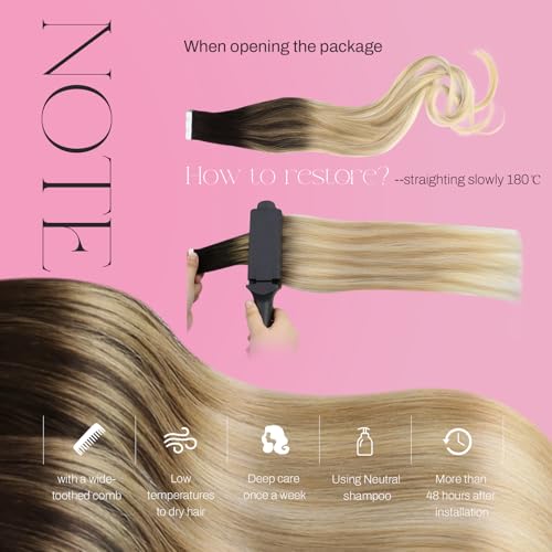 Image of Moresoo Brown Blonde Ombre Tape in Hair Extensions 22 Inch 20Pcs 50g | Tape extensions human hair, dark brown roots, beige blonde lengths, low profile tabs, long layers, low ponytail styling