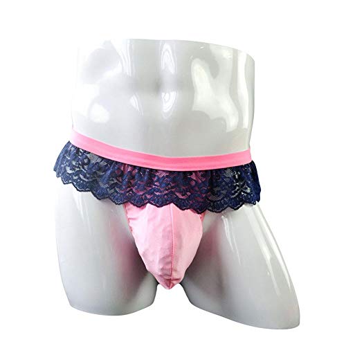 Men's Frilly Lace Trim Sissy Skirted Panties T-Back G-String Thongs Briefs Girly Lingerie Crossdress Underwear Navy Blue One Size #TOP1