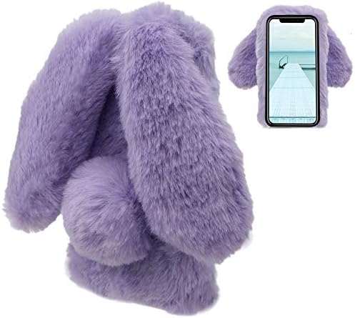 Rabbit Case for iPhone XR 6.1 Inch 2018, LCHDA Cute 3D Bunny Ears Soft Furry Hairball Fuzzy Winter Warm Faux Fur Plush Fluffy Flexible TPU Bumper Protective Skin Cover for Women Girls - Purple