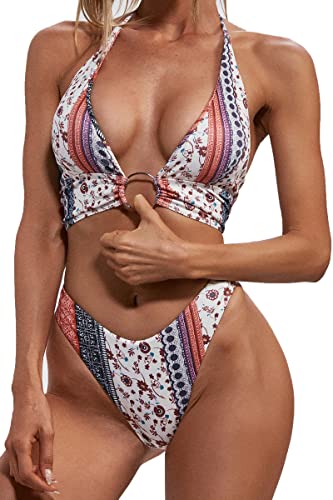 ZAFUL O Ring Halter Bikini Sets for Women High Cut Swimsuits Trendy 2 Piece Bathing Suits