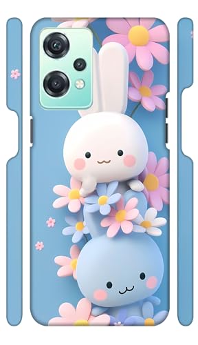 Image of Polycarbonate White N Blue Bunny Flowers Designer Printed Hard Back Cover For OnePlus Nord CE 2 Lite 5G Attractive And Uniquely Crafted Smartphone Case