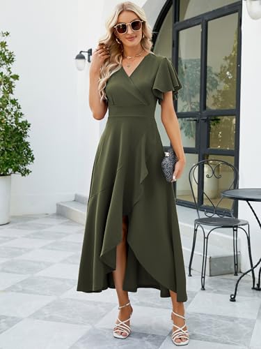 Image of Long Black Formal Dresses for Women Gowns Evening Party Cocktail Dress,Split Elegant V Neck Wrap Ruffle Wedding Guest Dresses