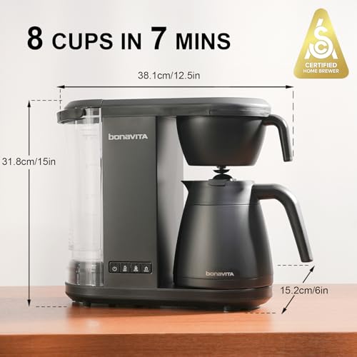 Image of Bonavita Enthusiast 8 Cup Drip Coffee Brewer, Pour Over, SCA Certified Coffee Machine with Thermal Carafe, Stainless Steel Panel, Removable Reservoir, Matte Black | Sca-Certified, Double-Wall Stainless Thermal Carafe, Removable Water Tank, 1500w /120v, One-Touch Bloom and Brew-Stop