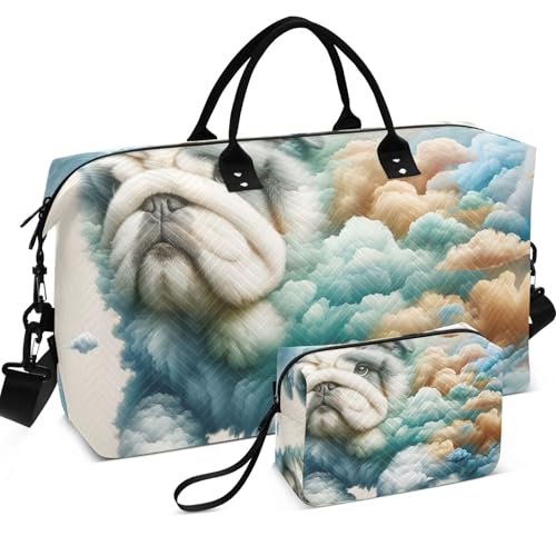 Cute Bulldog Clouds Puppy Duffle Bags Travel Makeup Pouch Set of 2, Design Small Duffel Bag Overnight Bag