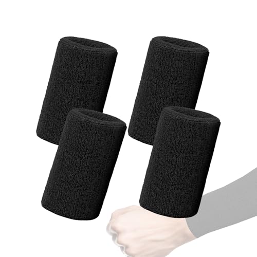 Sweat Bands Wristbands for Men Women - 4Pcs 6Inch Cotton Elastic Sport Wrist Bands - Extended Absorbent Sweatband Wrist for Gym, Workout, Tennis, Running, Basketball, Football (Black)
